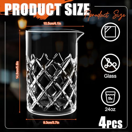 Dandat 4 Pcs 24 oz Cocktail Mixing Glass Set - Thick Base, Grid Pattern, Classic Style