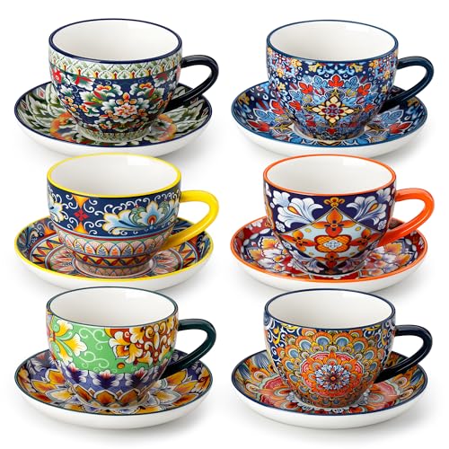Vancasso 8oz Porcelain Cappuccino Cups & Saucers Set of 6 - Bohemian Design, Dishwasher & Microwave Safe
