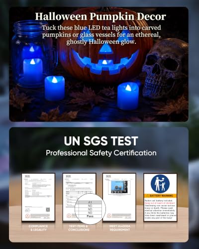 Ceremlit Blue LED Votive Candles 12 Pack Battery Operated Flameless Tealights