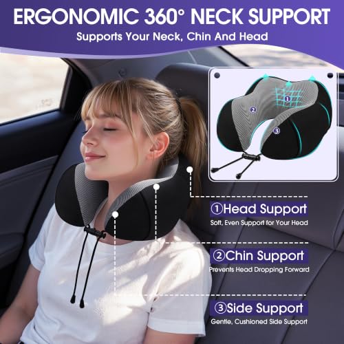 Memory Foam Travel Neck Pillow with Eye Mask & Earplugs - Black