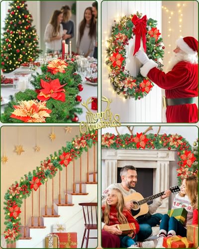 9ft Pre-Lit Christmas Garland with LED Lights, Red Flowers & Berries, Indoor Outdoor Holiday Decor