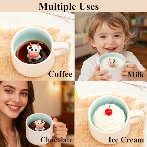 HS&ROXIN 12 oz Cute 3D Dinosaur Inside Mug - White Cow Ceramic Coffee Cup Gift