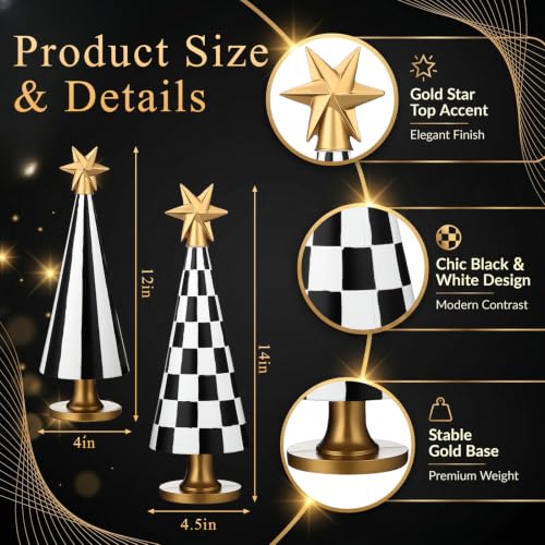 Chumia 2 Sets Christmas Tree Figurines with Stars, Black & White Decor, Size Variations Included