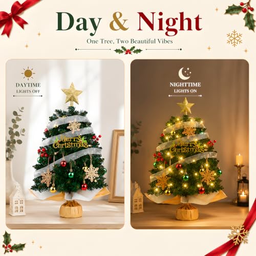 HOMDAILY 2ft Mini Christmas Tree with Lights - Green Tabletop Holiday Decor