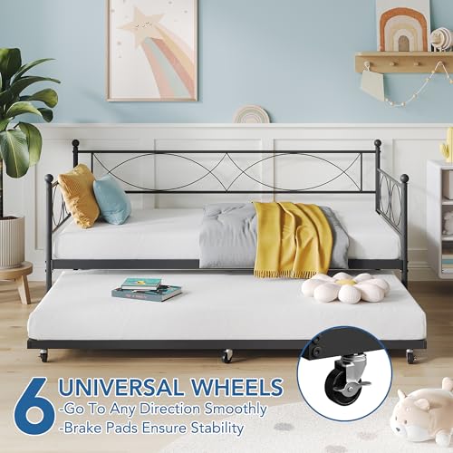 Metal Twin Daybed Frame with Wheeled Pull-Out Trundle & Steel Slats