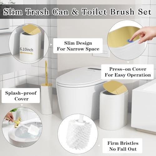 10-Piece Bathroom Accessory Set with Trash Can, White and Gold Organizer