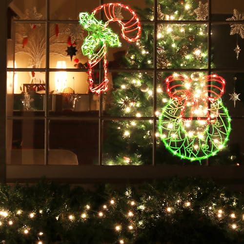 GMFINE 2-Pack Christmas Window Silhouette Lights: Wreath & Candy Cane, Plug-In Indoor/Outdoor