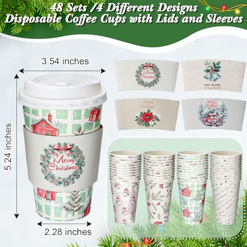 Jingmore 48-Pack 16oz Christmas Coffee Cups with Lids & Sleeves - 4 Festive Designs, Rustic Christmas