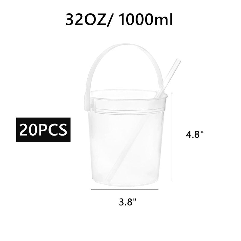 ToppYuanZea 20 Pack Plastic Rum Buckets for Drinks, 32OZ Cocktail Buckets with Lid and Straw, Reusable Smoothie Bucket, 1Liter Large Ice Cream Pails for Halloween Football Parties Bar