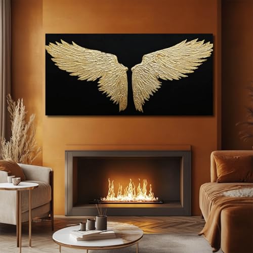 Large Abstract Bird Canvas Wall Art, Black and Gold Minimalist Painting