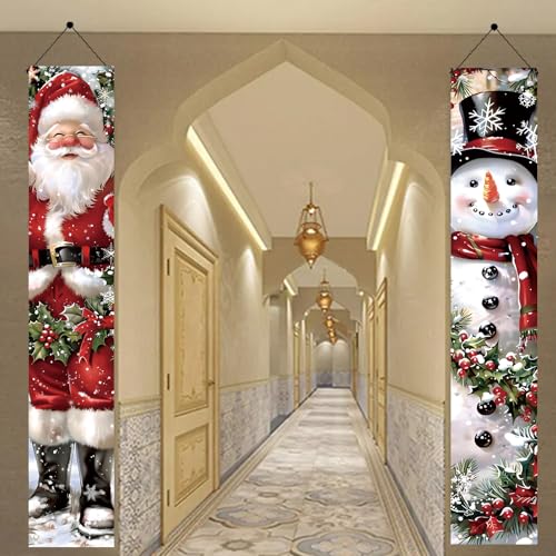 Saoplasa 2PCS Christmas Porch Banner Decorations Santa and Snowman Outdoor Sign 71x12 Inch Holiday Front Door Decor