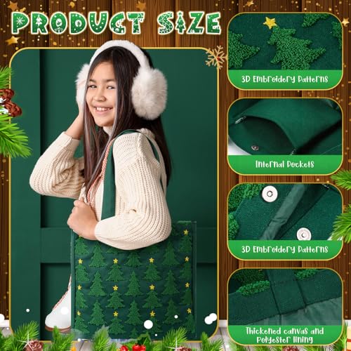 Christmas Embroidery Tote Bag with Green Xmas Tree Pattern, Reusable Canvas Bag