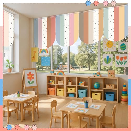 6-Piece Boho Classroom Window Valances, 24 x 36 Inch Striped Curtains