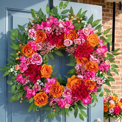 26-Inch Floral Summer Wreath for Front Door with Hanger, Pink and Orange