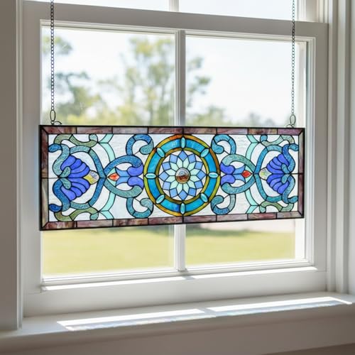 Victorian Stained Glass Window Panel - 35 x 12 Inches, Blue Design