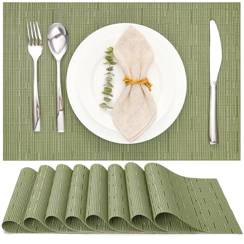 Washable Vinyl Placemats Set of 8, 17x12 Inch Non-Slip Table Mats, Green