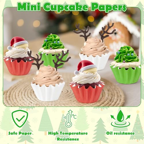 Multicolor Mini Cupcake Liners 210 Count - Grease-Resistant Red Green White Xmas