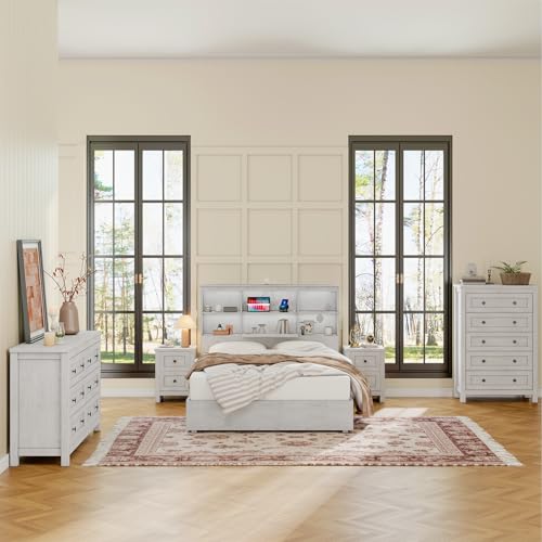 4-Piece Farmhouse Bedroom Furniture Set with Dressers and Charging Nightstands
