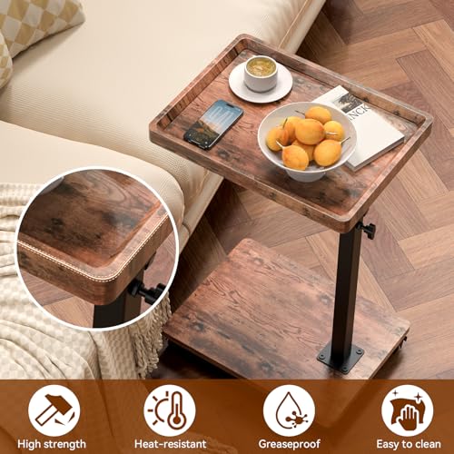 Adjustable C-Shaped Rolling Side Table with Swivel Tray and Wheels