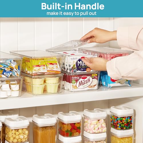 Vtopmart 4pcs Clear Organizers and Storage Bins with Lids, Stackable Plastic Storage Containers with Handles for Fridge, Freezer, Pantry, Cabinet, Kitchen Organization