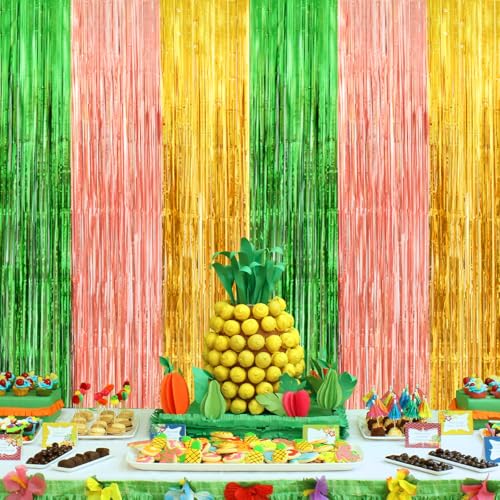 Tropical Luau Foil Fringe Backdrop Curtains - 2 Pack 3.3 x 7 ft (Green/Yellow)