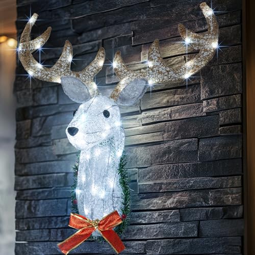 Lighted Christmas Reindeer Head Wall Decor - 32 Inch Outdoor Indoor Rudolph Wreath with 8 Modes