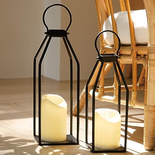 Set of 2 Black Metal Lanterns with LED Flameless Candles