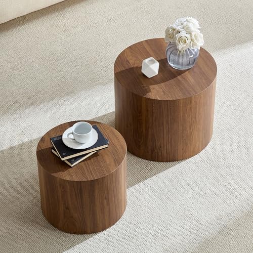 Round Nesting Coffee Table Set of 2, Modern Wood Drum Side Tables