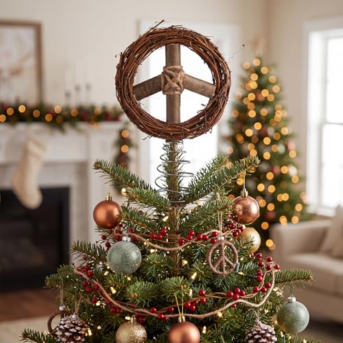 Soulchen 6-Inch Peace Sign Christmas Tree Topper – Brown Rustic Rattan