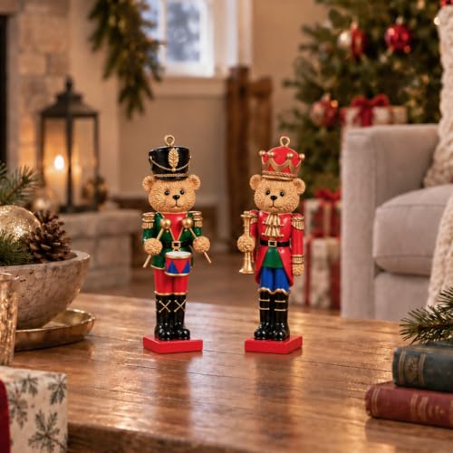 3D Teddy Bear Christmas Ornaments Set of 2 - Resin Holiday Tree Decorations
