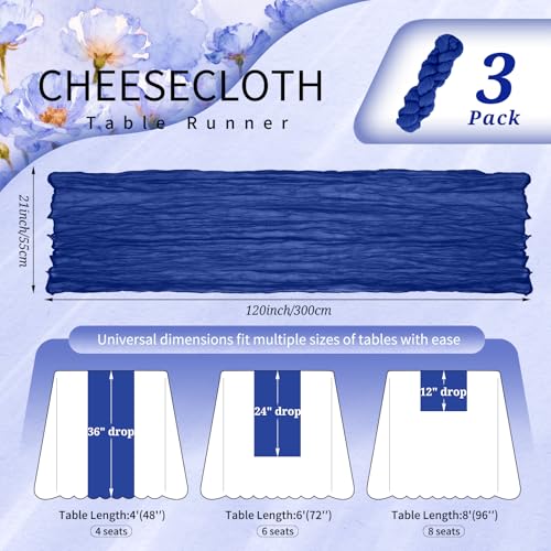 Showgeous Royal Blue Cheesecloth Table Runner 3 Pack 21 x 120 Inches - Elegant Wedding & Party Decor