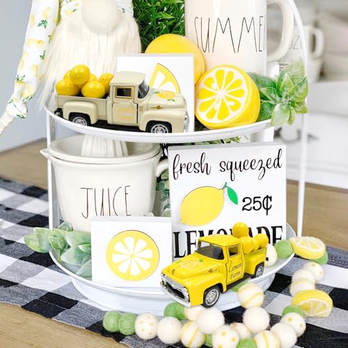 Metal Lemon Truck Decor with Faux Lemons - Farmhouse Tiered Tray Centerpiece