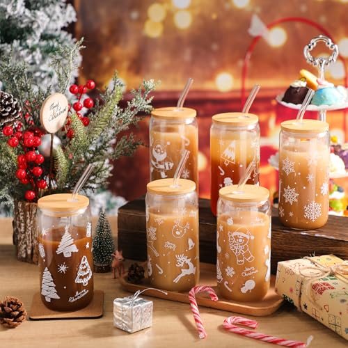 Yetene White Christmas Pattern Holiday Glass Cups Set 16oz with Lid & Straw