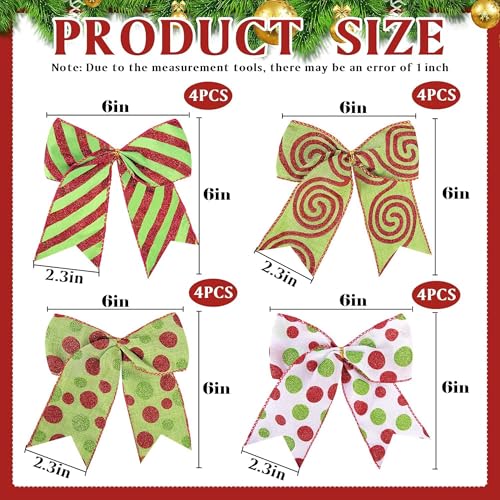 16 Pcs Red Green Christmas Bow Decorations, Glitter Polka Xmas Wreath Bows - Style B