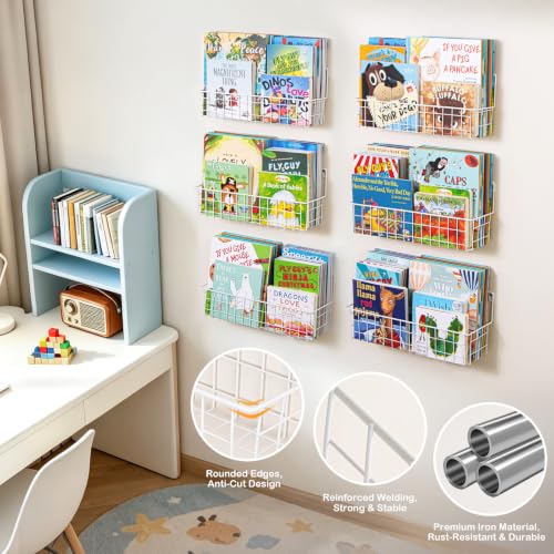 6-Pack Wall Mounted Floating Bookshelves for Kids Nursery Room Storage