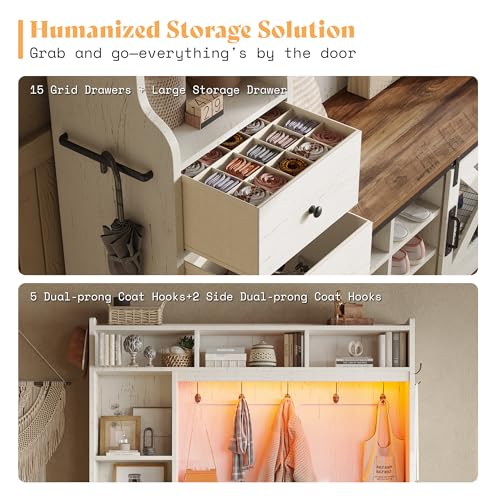 75-Inch Farmhouse Hall Tree with Shoe Bench, LED Lights & Storage Cabinets