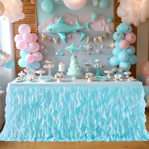 Aqua Blue Curly Willow Tulle Table Skirt - 6ft Ruffle Tutu for Party Decor