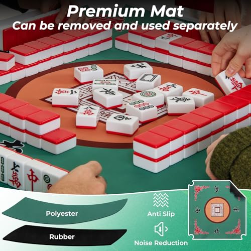 Foldable 35-Inch Mahjong Table with Mat, Cup Holders & Carrying Handle
