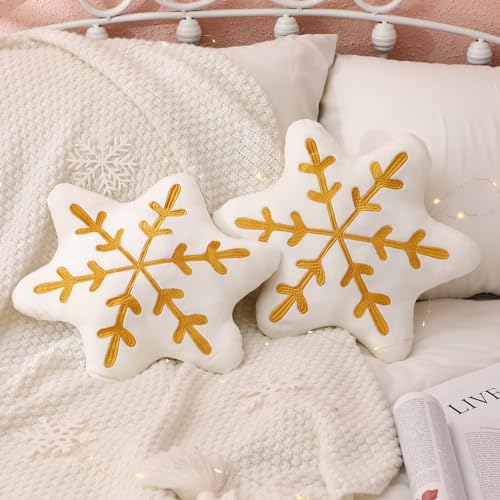 Soaoo Gold Snowflake Throw Pillows, 2-Pack Sherpa 13.8in Cushions for Sofa/Bed