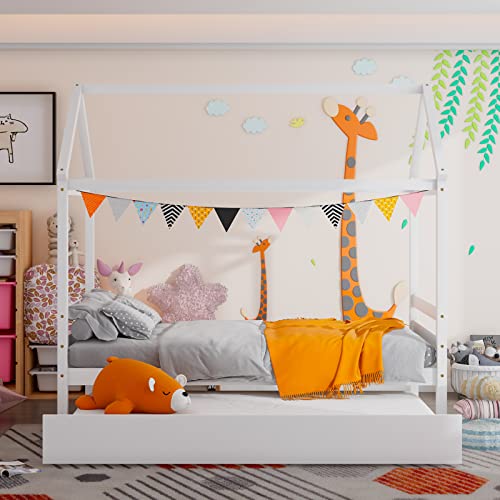 Twin Size House Bed with Trundle, Solid Wood Kids Platform Bed Frame