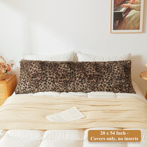 Fluffy Faux Fur Leopard Print Body Pillow Cover 20x54 with Zipper