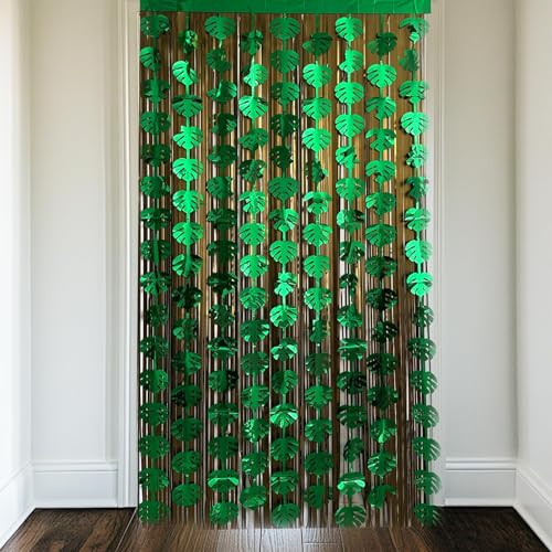 Tropical Leaf Foil Fringe Curtains (4 Pcs) - Gold & Green Luau Decor, 3.3x6.6 ft