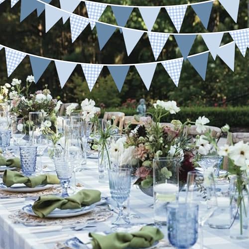 32ft Dusty Blue Gingham Fabric Pennant Banner - Reusable Triangle Flag Garland