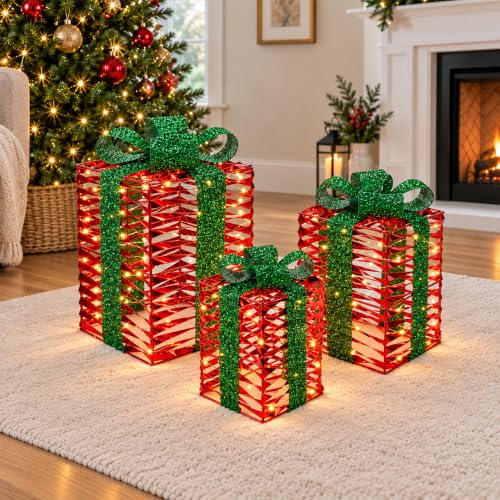 Christmas Lighted Gift Boxes Set of 3 with Warm White LED Lights - Holiday Decor