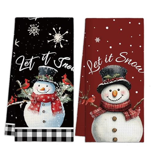 Ogleqoo Christmas Snowman Kitchen Towels Set of 2 – Black & Red Buffalo Plaid, Absorbent Cotton-Linen