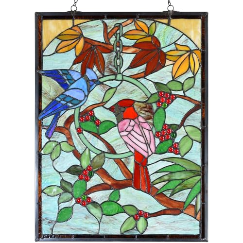 Tiffany Style Stained Glass Window Panel - Blue Jay & Cardinal, 18" x 24"