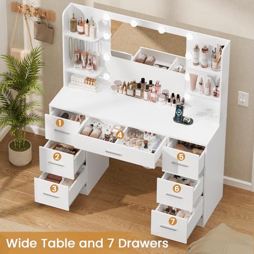 Large Makeup Vanity Desk with LED Lighted Mirror, Charging Station & 7 Drawers