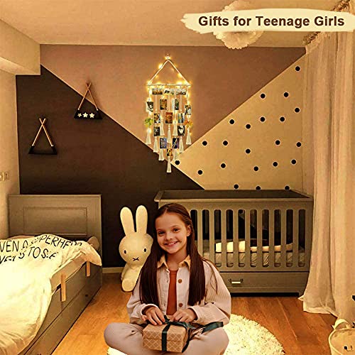 Boho Macrame Photo Display with LED Fairy Lights, Wall Hanging Collage Board