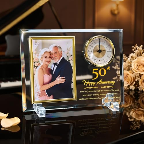 50th Wedding Anniversary Crystal Glass Photo Frame Clock for Couples