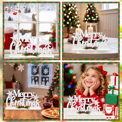 Wooden Merry Christmas Table Sign, White Glitter Snowflake Farmhouse Decor (M) 11.81 x 5.91 in